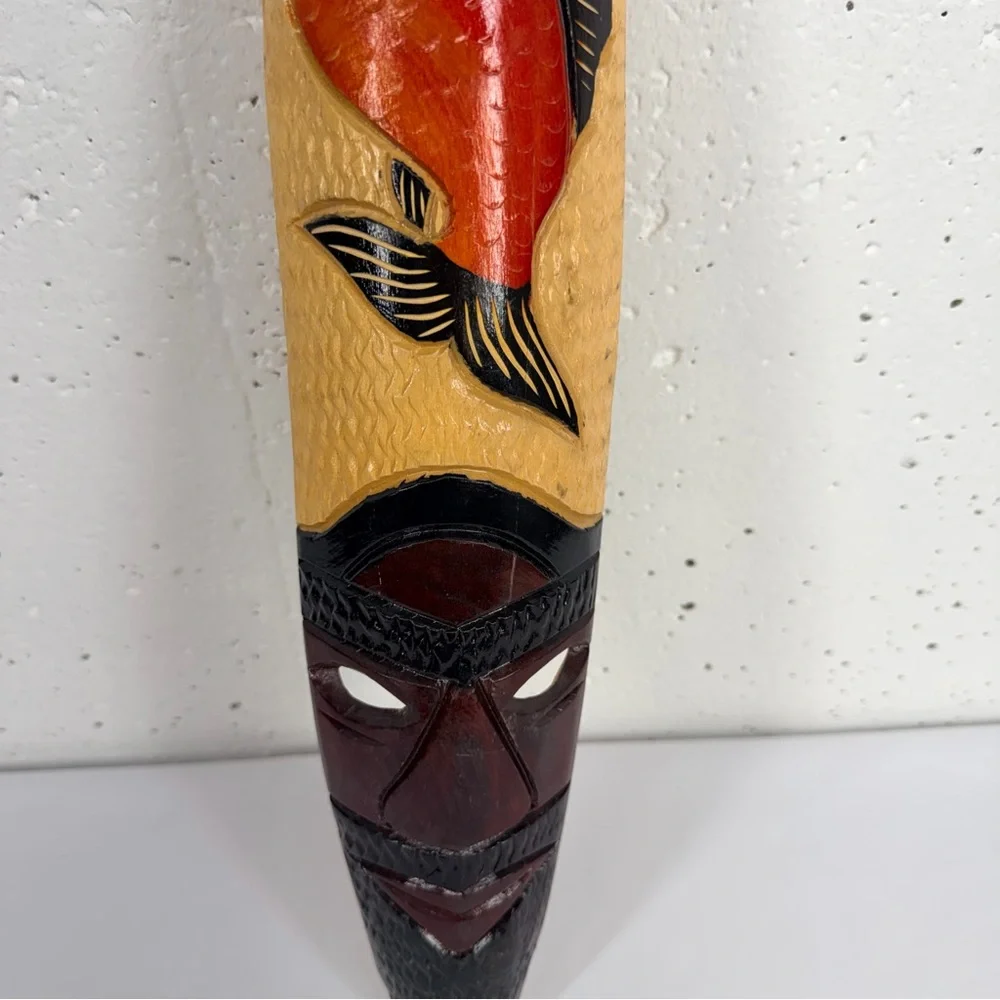 Hand Carved African Jamaican Tribal Fish Warrior Mask Hanging Wall Art 19”